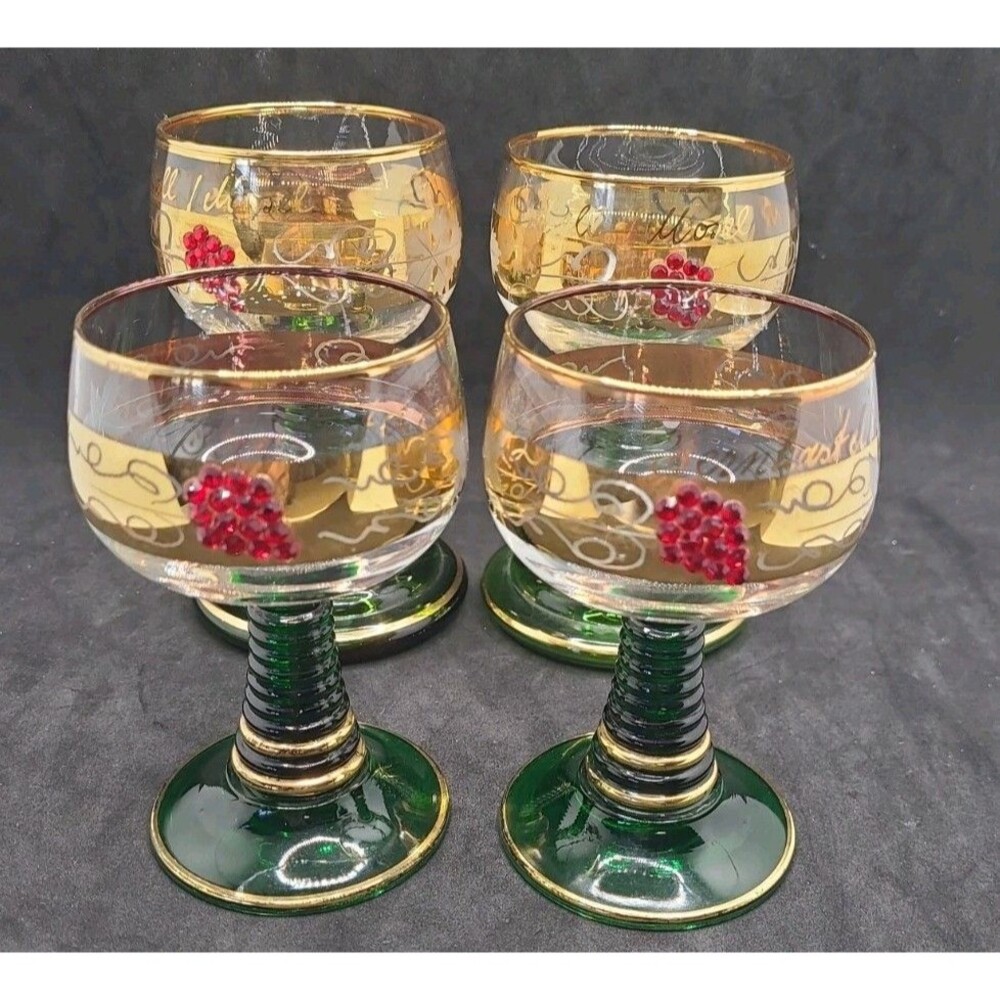 Set 4 Romer Cordial Glasses Red Jewels Green Beehive Stem Gold France